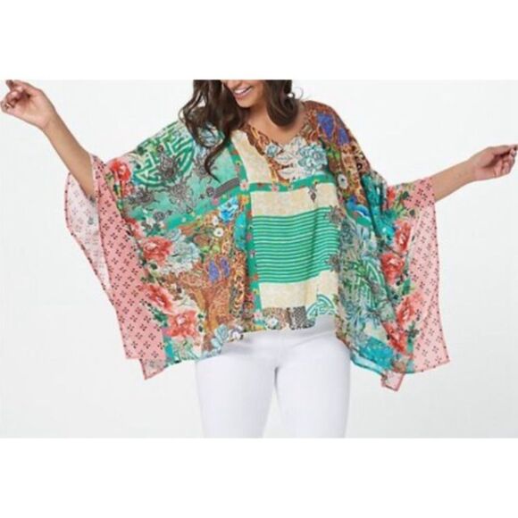 Anthropologie Tolani Collection Floral Patchwork Mixed Media Poncho Top 1X Boho - Picture 1 of 11